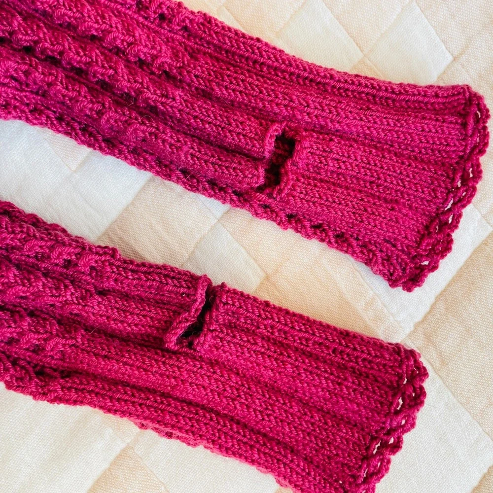 NEW Handmade Magenta Pink Knit Fingerless Gloves Cable Pointelle Wrist Warmers